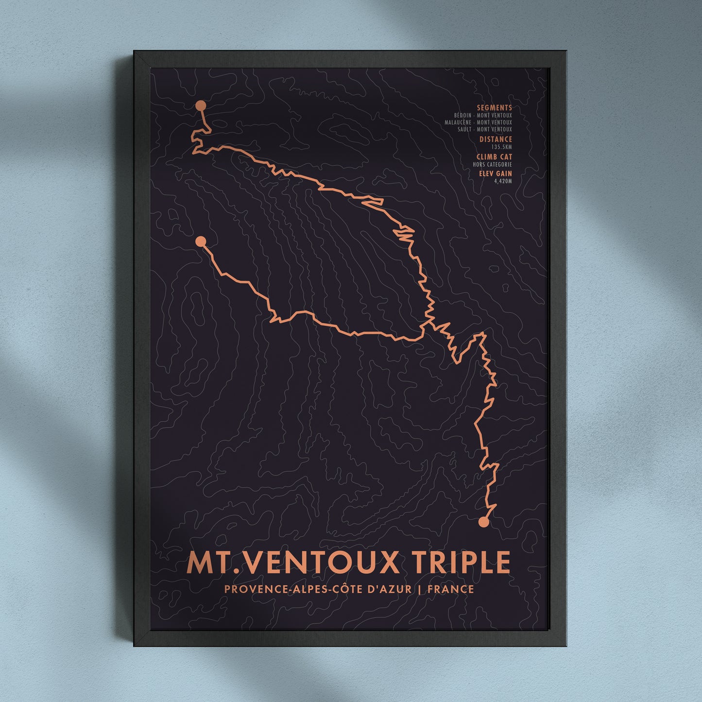 Mont Ventoux Triple - Personalised Cycling Route Map Print - Bicycle Wall Art