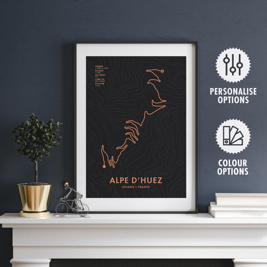 Alpe d'Huez Cycling Art Print - Route Map with Personalise Options