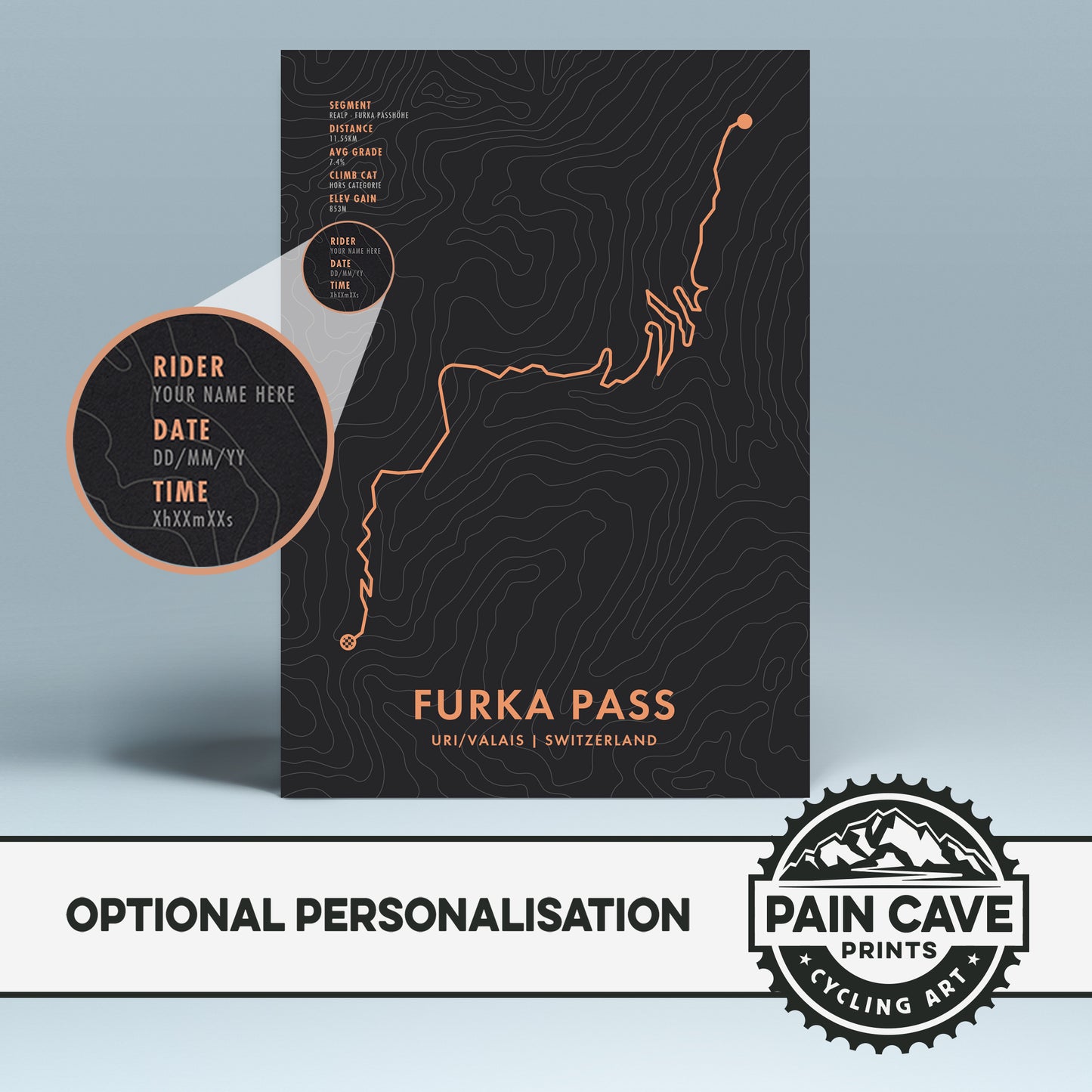 Furka Pass Cycling Art Print - Personalised Route Map Poster