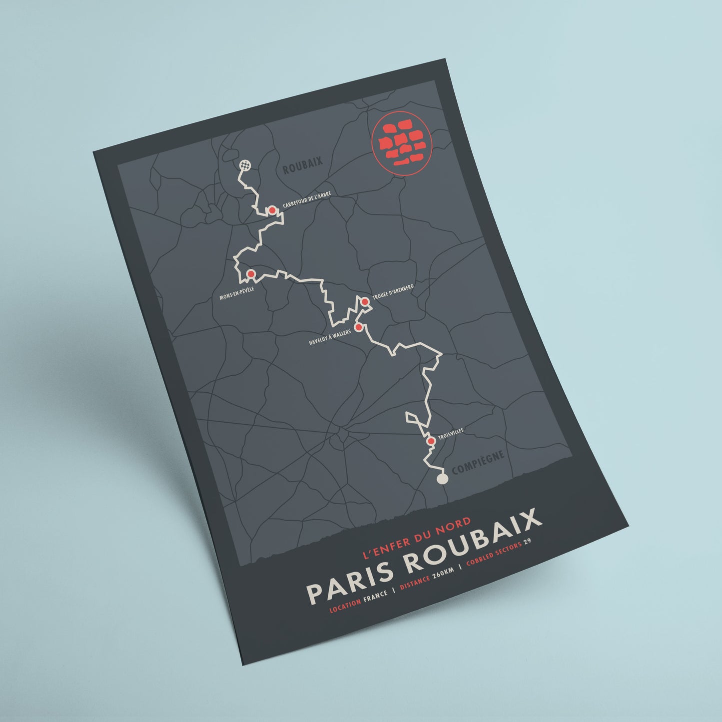 Paris Roubaix - Cycling Monuments Route Map - Bicycle Wall Art
