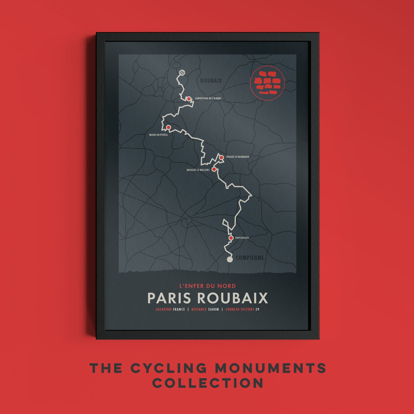 Paris Roubaix - Cycling Monuments Route Map - Bicycle Wall Art