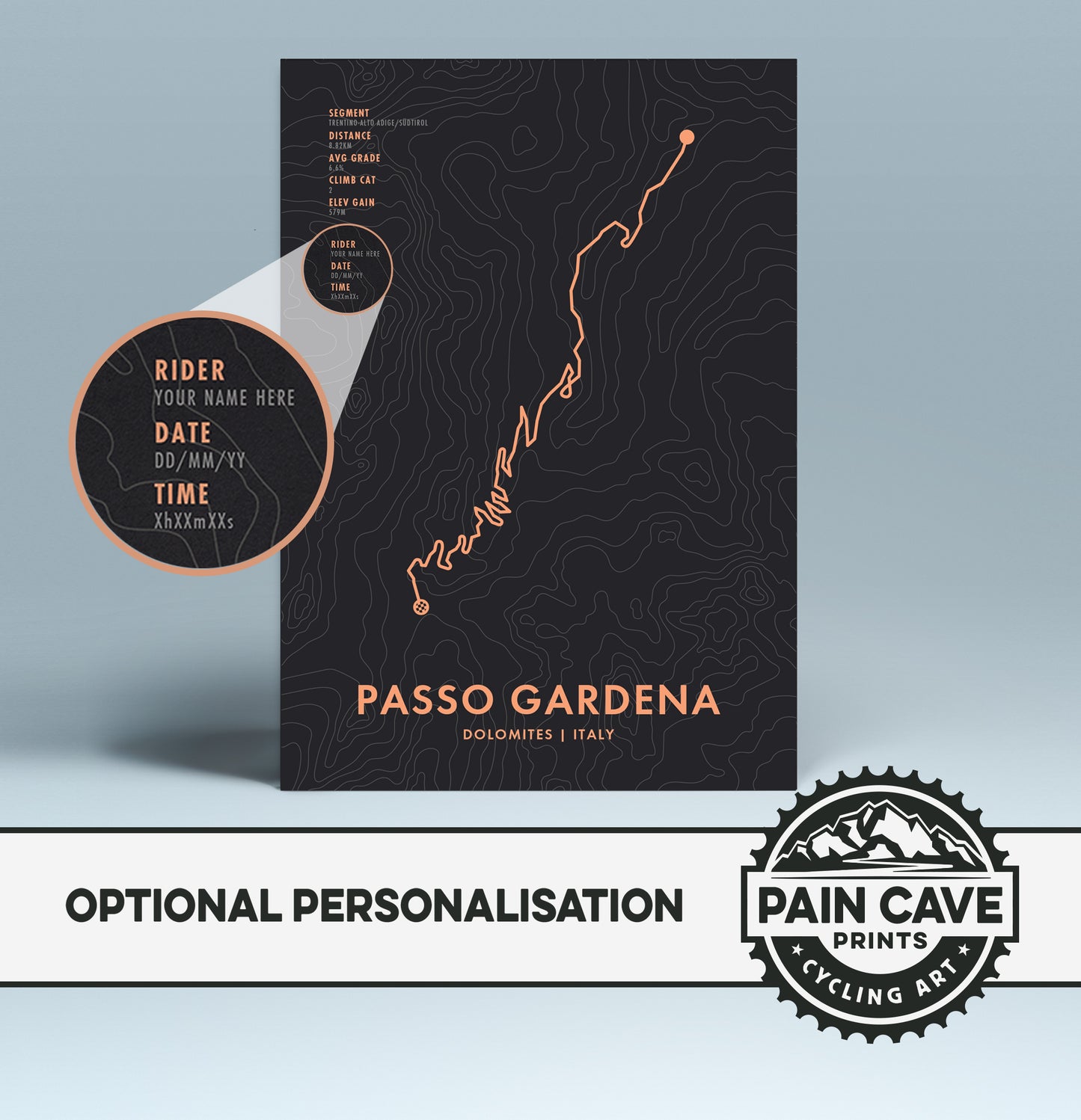 Passo Gardena Cycling Art Print Route Map with Personalisation Options