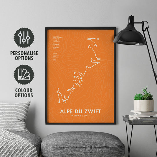 Alpe du Zwift Cycling Art Print - Route Map with Personalise Options