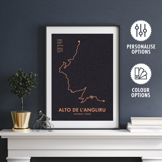 Alto de L'Angliru Cycling Art Print - Route Map Poster - Personalise Options