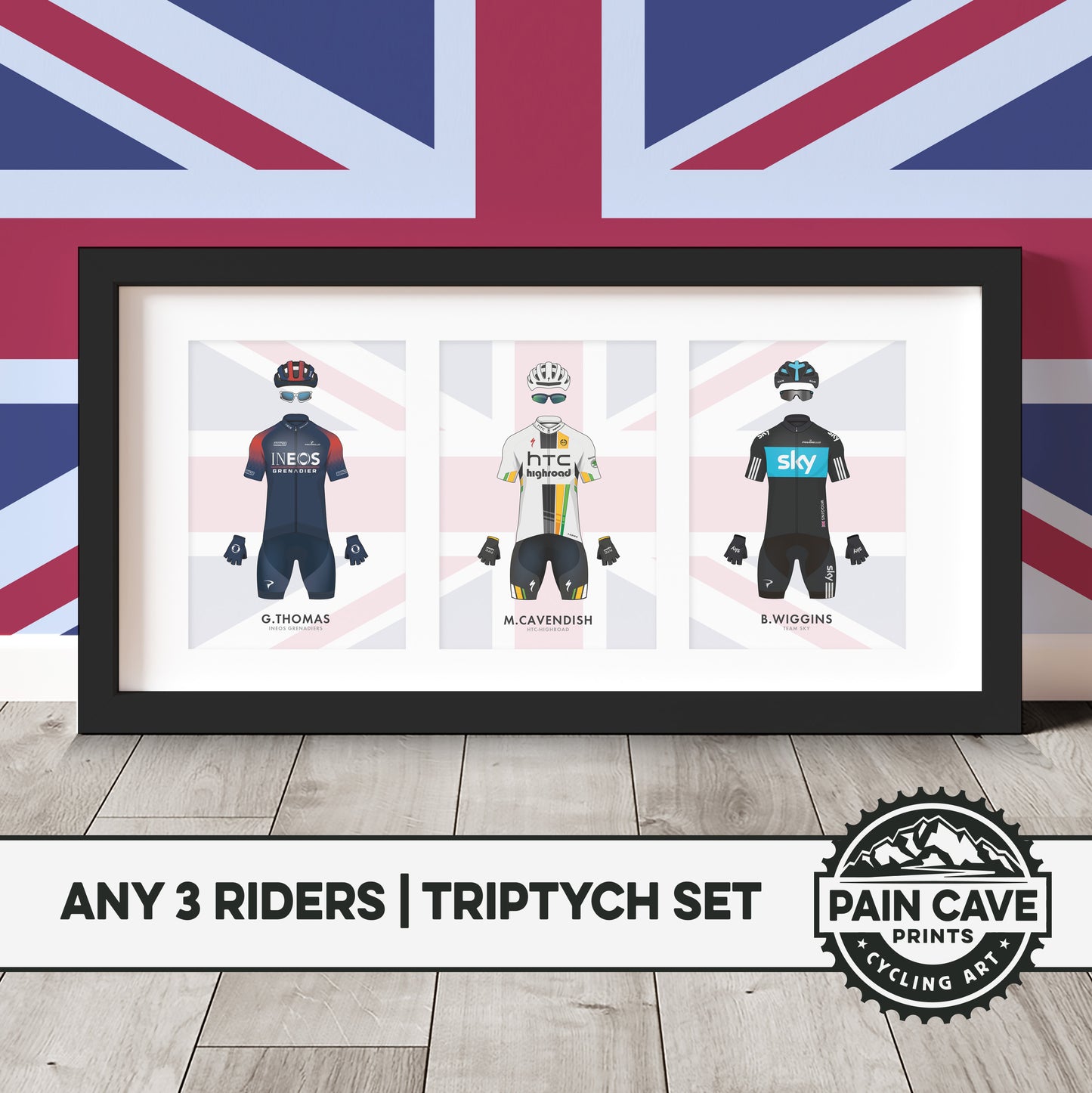 British Cycling Rider Illustration Art Print Framed Triptych