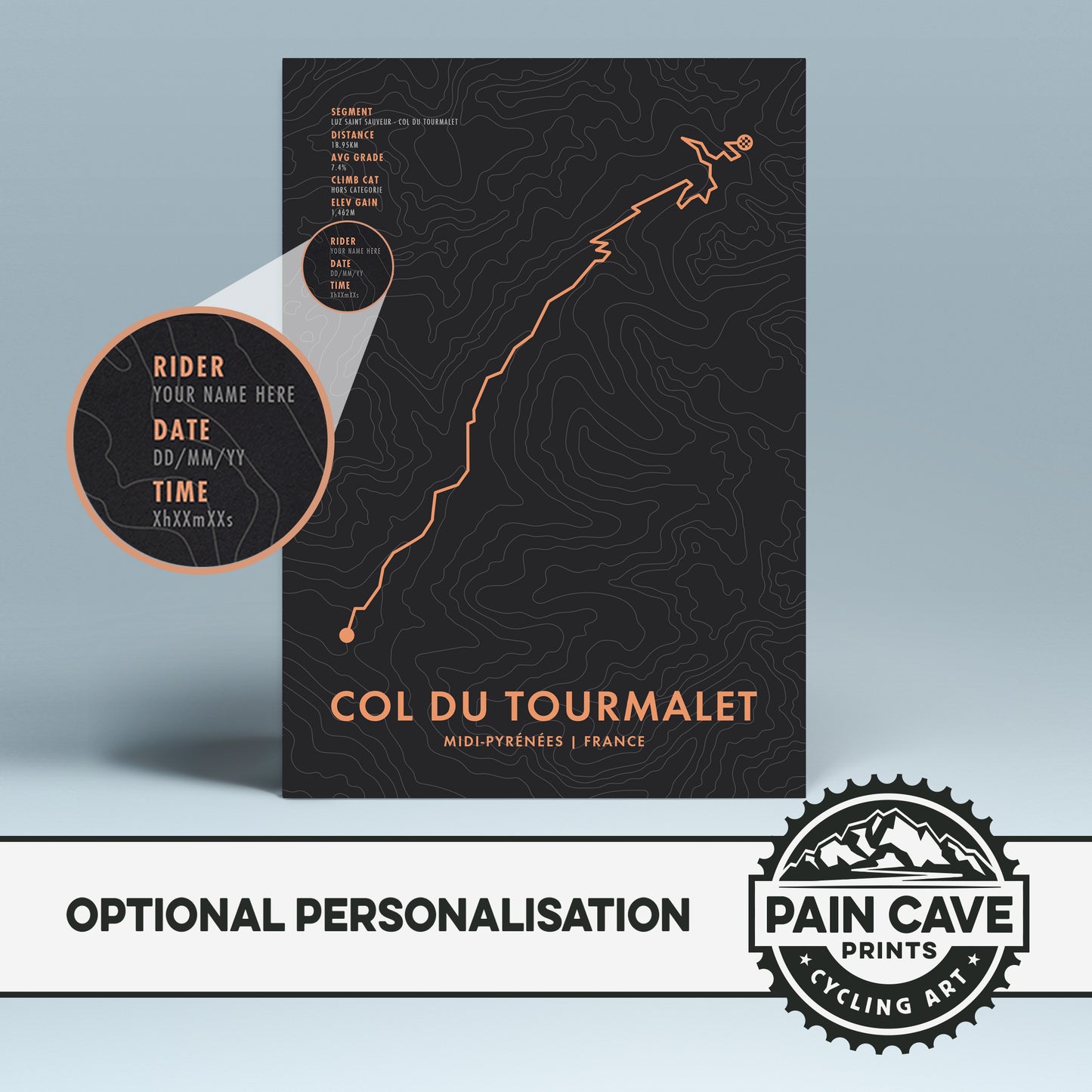 Col du Tourmalet Cycling Art Print - Personalised Route Map Poster