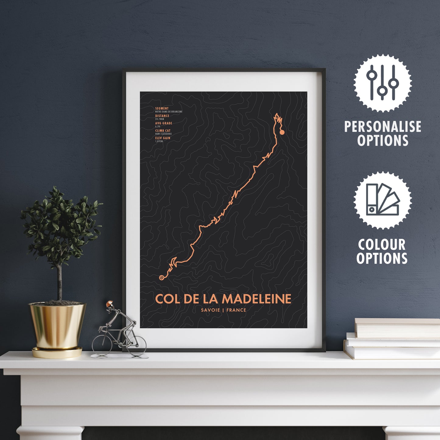 Col De La Madeleine Cycling Art Print - Route Map with Personalise Options