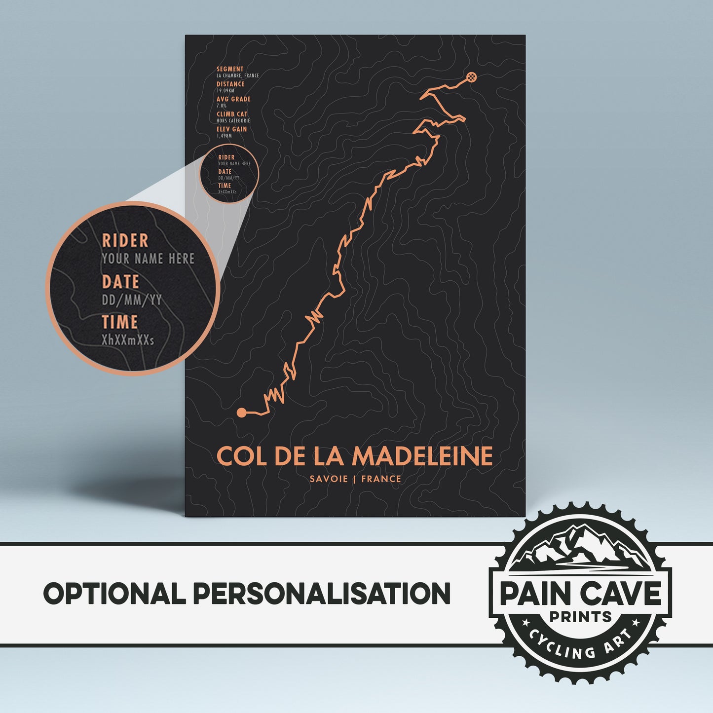 Col De La Madeleine Cycling Art Print - Route Map with Personalise Options