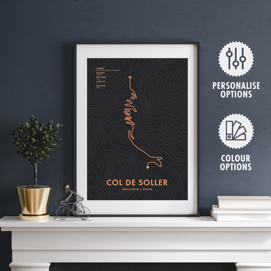 Coll de Soller Cycling Art Print - Personalised Route Map Illustration