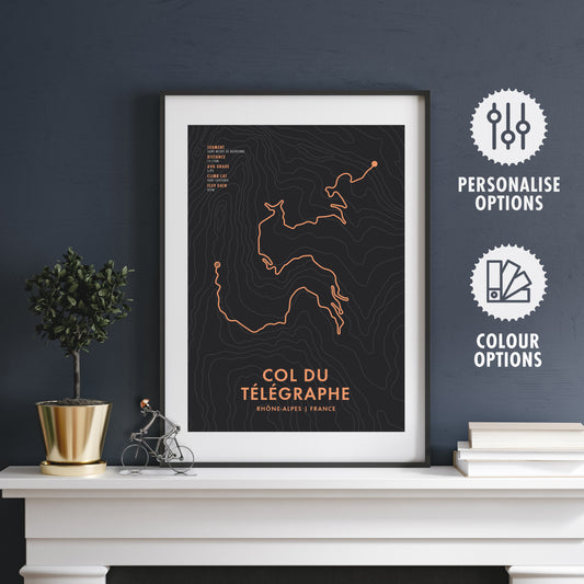 Col du Télégraphe Cycling Art Print - Route Map with Personalisation