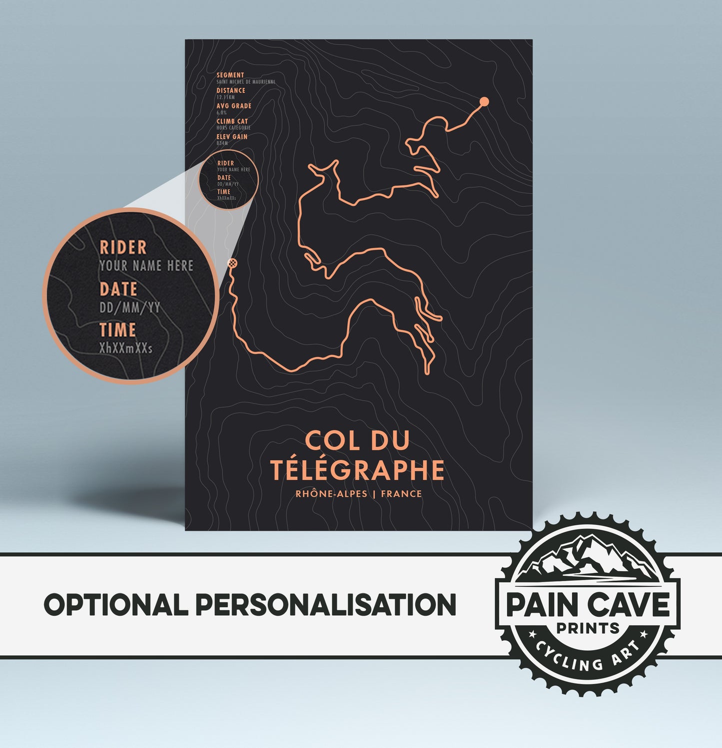 Col du Télégraphe Cycling Art Print - Route Map with Personalisation