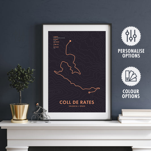 Coll De Rates Cycling Climb- Route Map Poster - Personalise Options