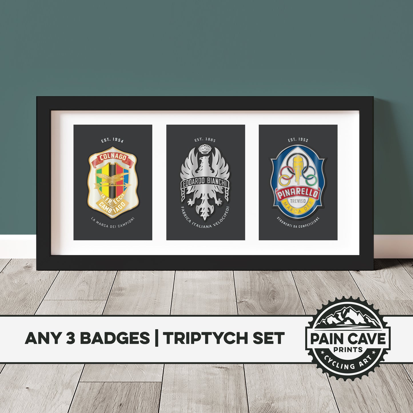 Vintage Cycling Head Badges - Framed Tryptic Art Prints