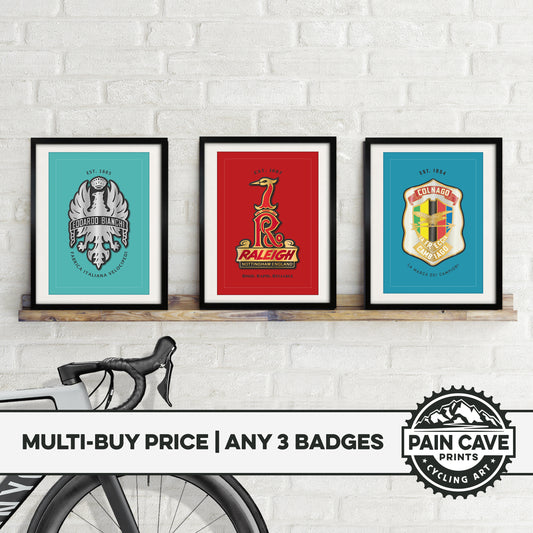 Vintage Cycling Head Badges Posters - Set of three - Bicycle Route Wall Art