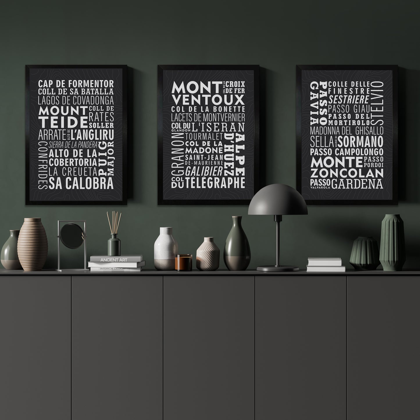 European Cycling Climbs Typographic Prints Triptych