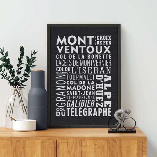 French Cycling Climbs Typographic Poster - Tour de France Wall Art