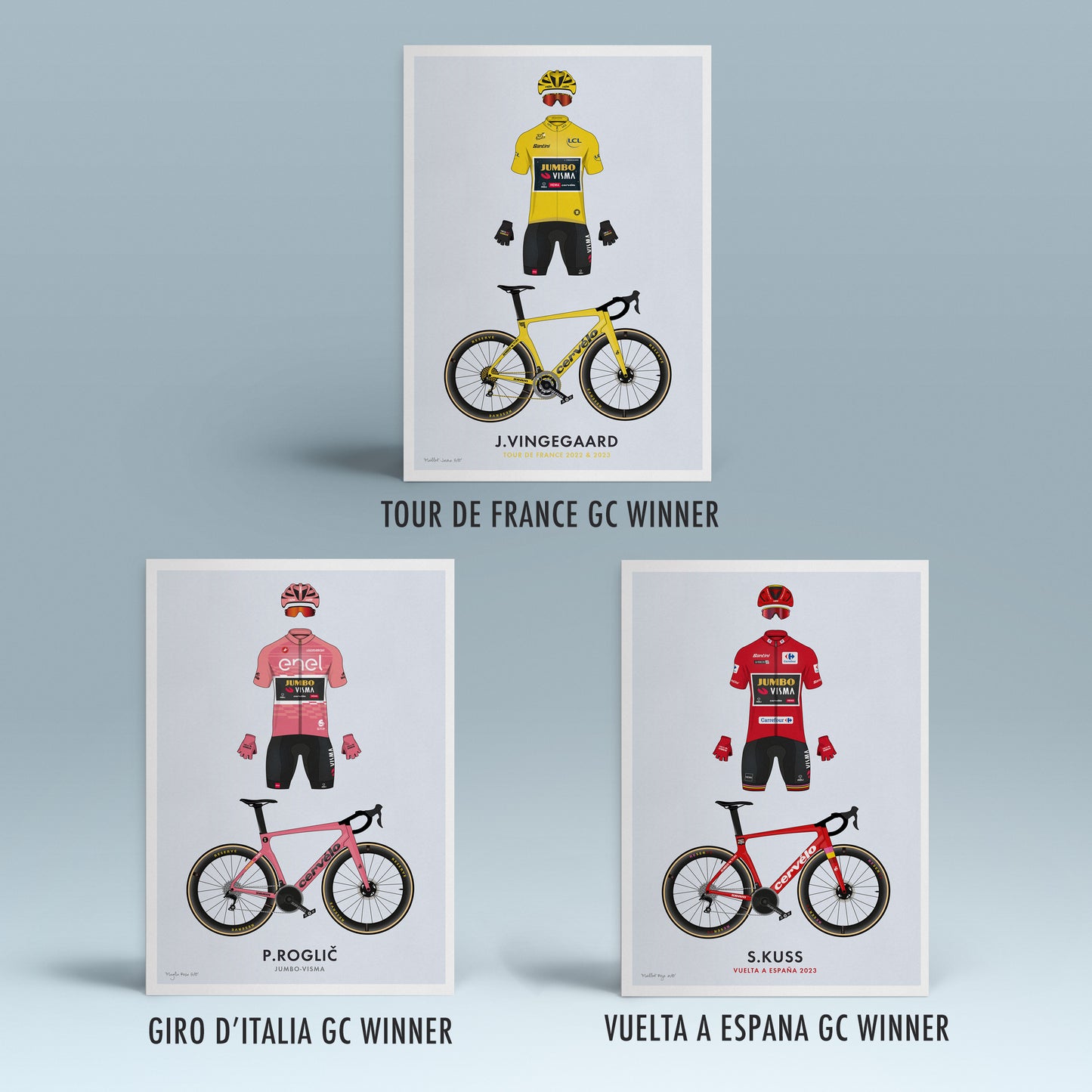 Cycling Grand Tour Winners 2023 - Ltd Edition Set of 3 - GC Winners Jersey & Bikes