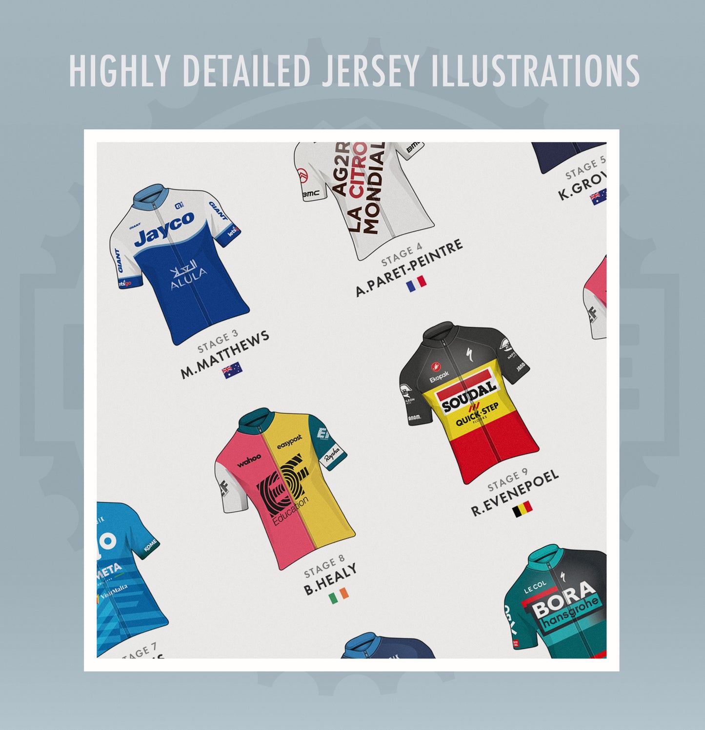 Cycling Grand Tour Posters - Stage Winners Jerseys Art Prints