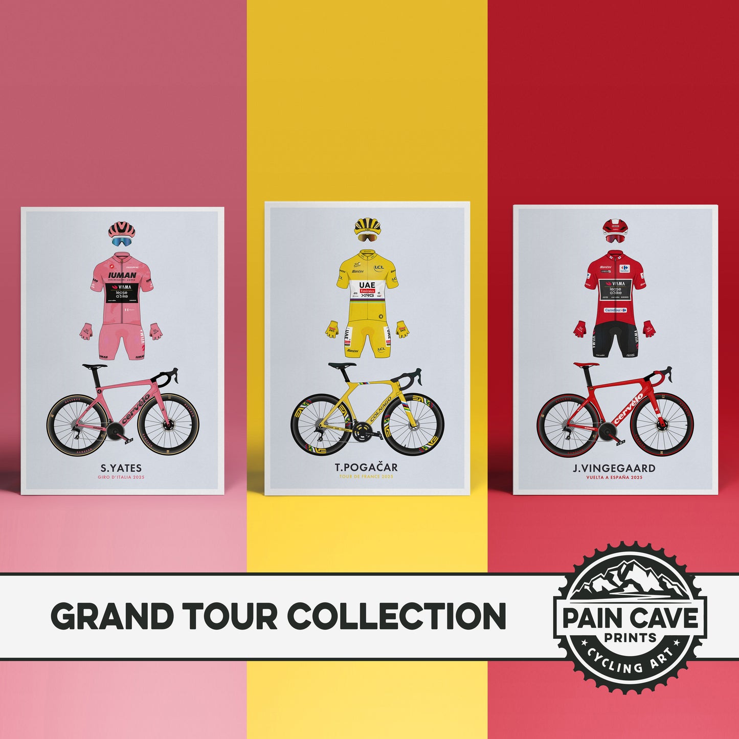 Cycling Grand Tour Winners - Set of 3 - GC Winners Jersey & Bikes