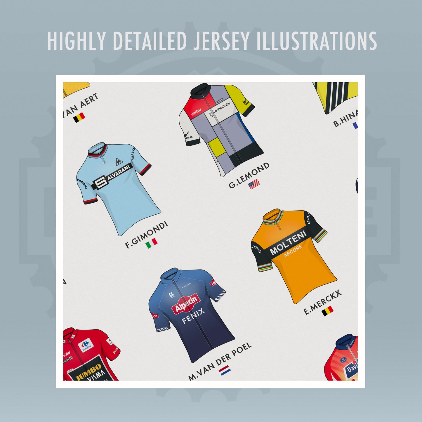 Legends of the Peloton - Professional Cycling Heroes Jersey Art Print