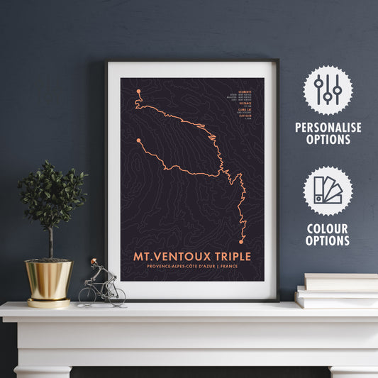 Mont Ventoux Triple - Personalised Cycling Route Map Print - Bicycle Wall Art