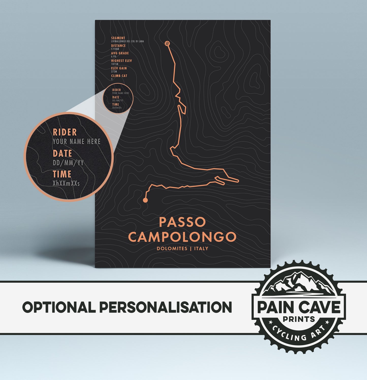 Passo Campolongo Cycling Art Print - Route Map with Personalisation