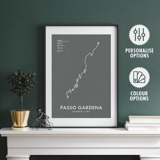 Passo Gardena Cycling Art Print Route Map with Personalisation Options