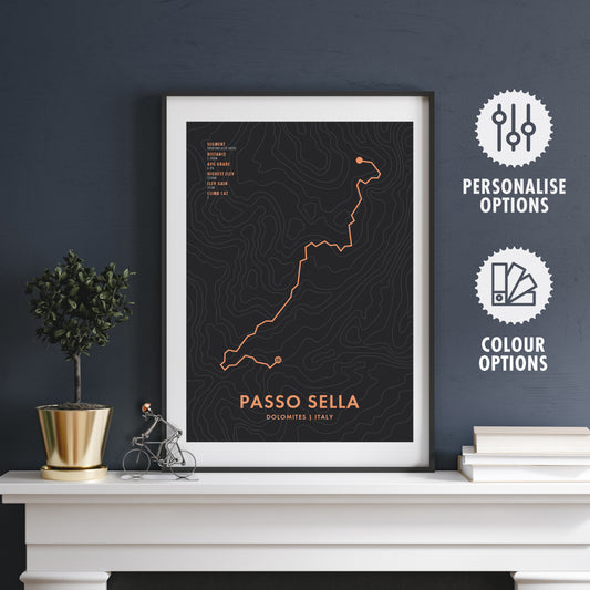 Passo Sella Cycling Art Print - Route Personalisation & Colour Options