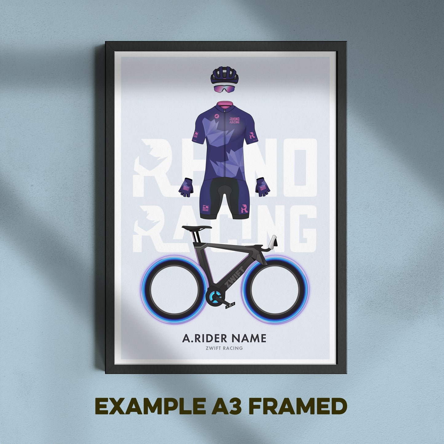 Rhino Racing Zwift Rider & Tron Bike - Personalised Cycling Art Print