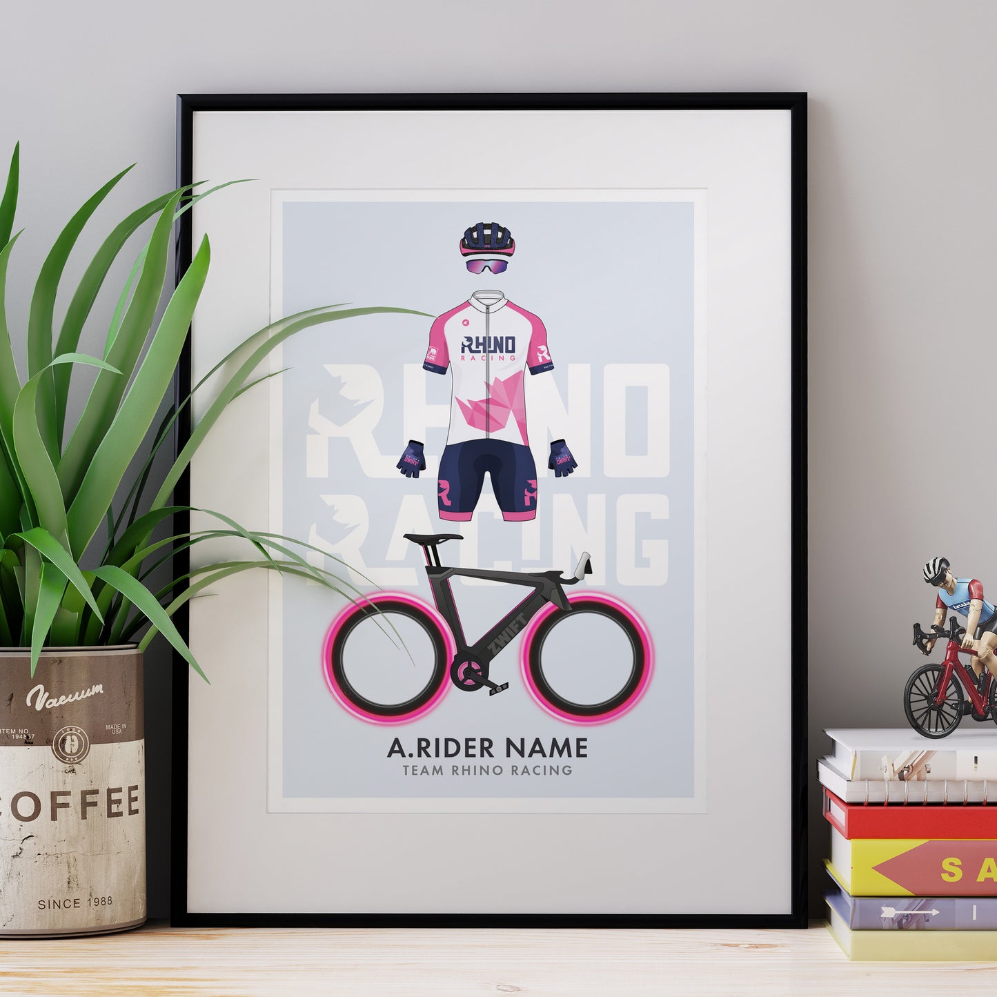 Rhino Racing Zwift Rider & Tron Bike - Personalised Cycling Art Print