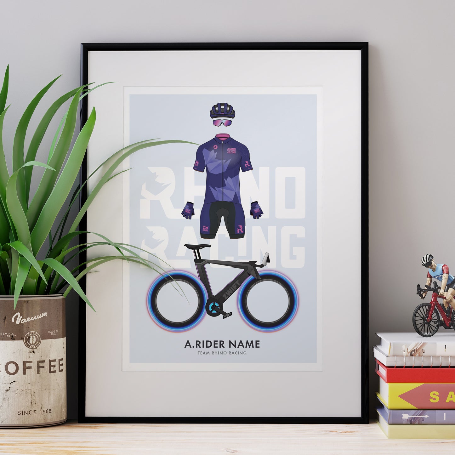 Rhino Racing Zwift Rider & Tron Bike - Personalised Cycling Art Print