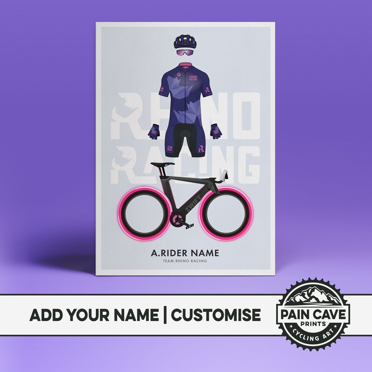 Rhino Racing Zwift Rider & Tron Bike - Personalised Cycling Art Print