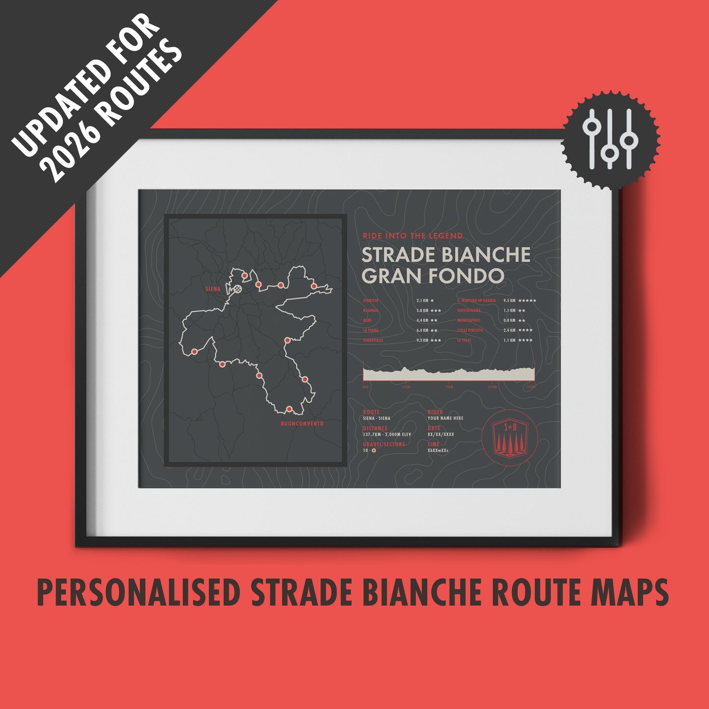 Strade Bianche Gran Fondo - Personalised Route Map Bicycle Wall Art