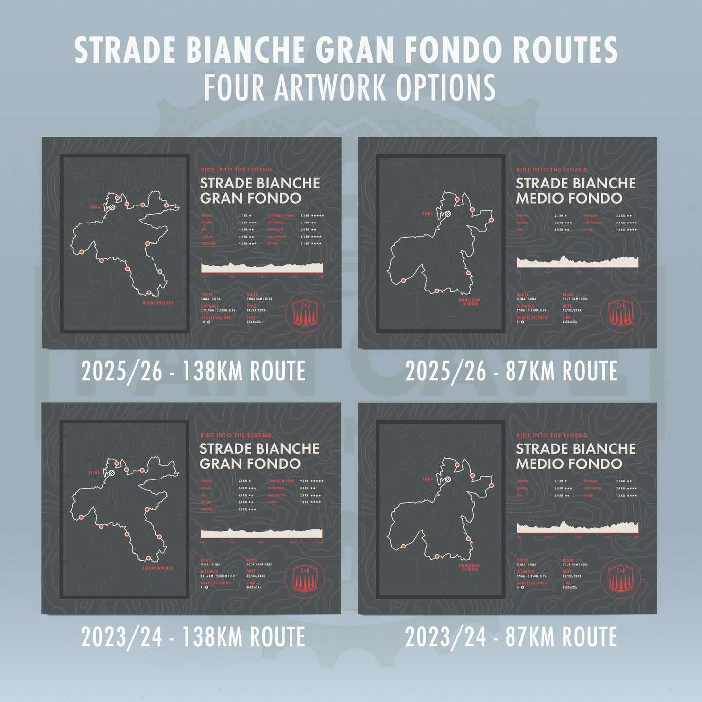 Strade Bianche Gran Fondo - Personalised Route Map Bicycle Wall Art