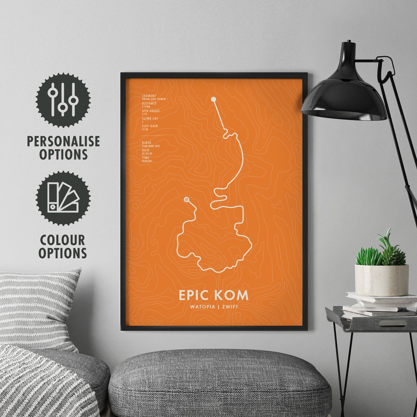 Watopia Epic KOM Zwift Cycling Route Map Poster - Personalised Options