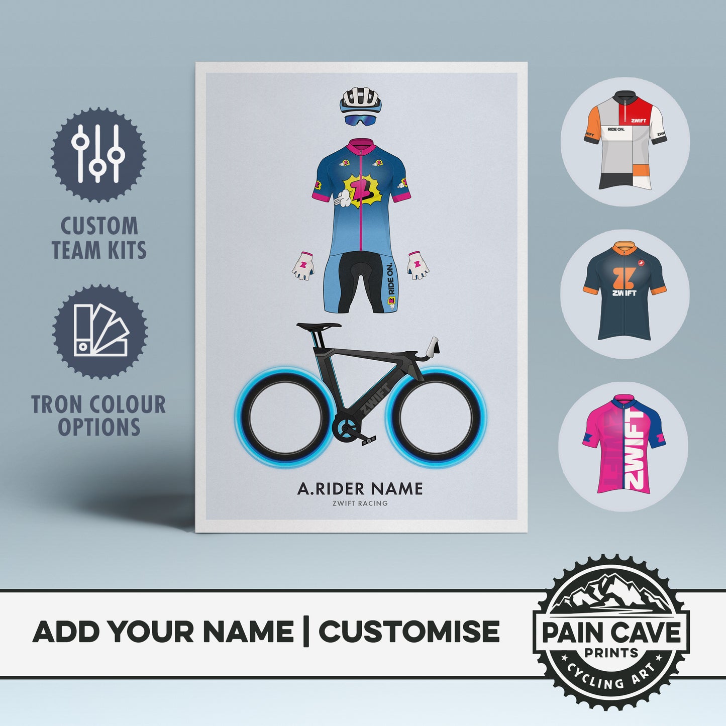 Zwift Rider & Tron Bike - Personalised Cycling Art Print