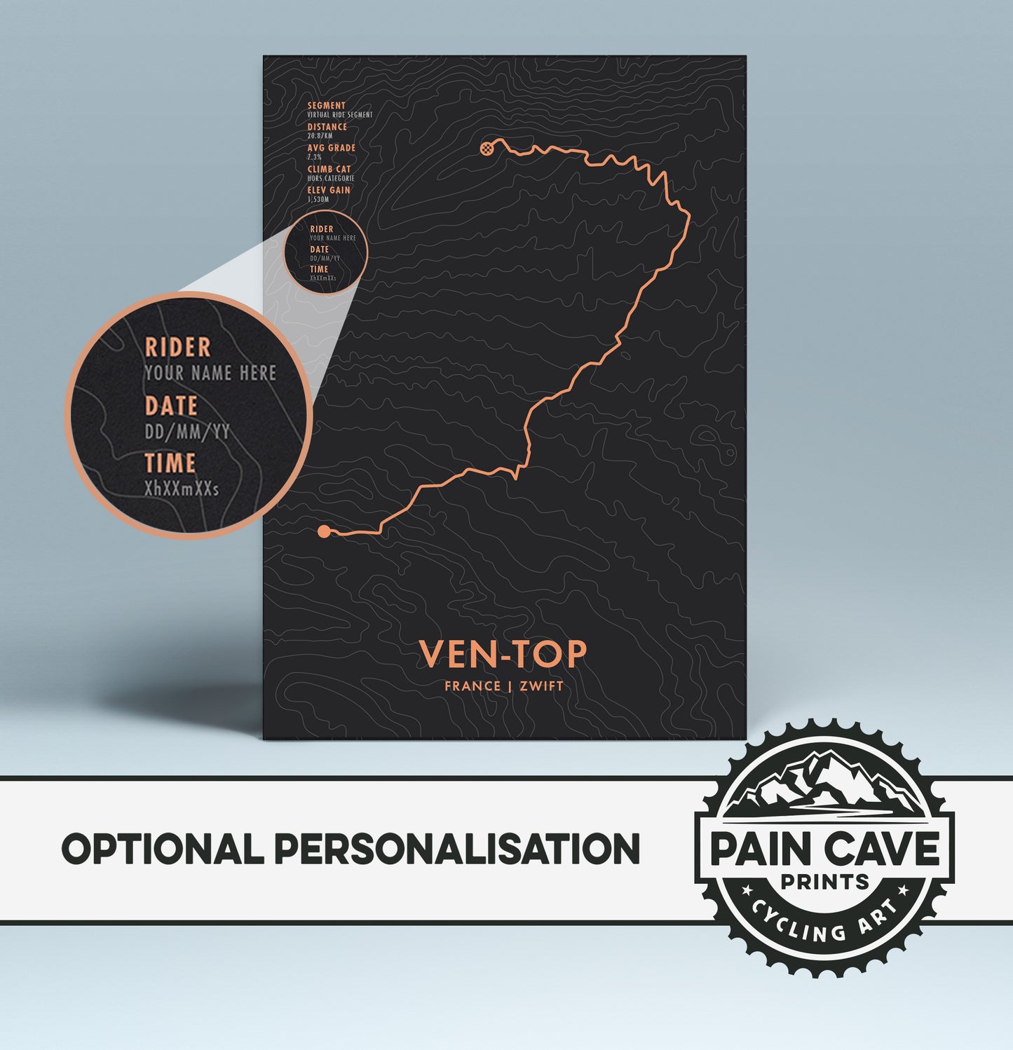 Ven Top Zwift Cycling Route Map Poster - Personalised Options